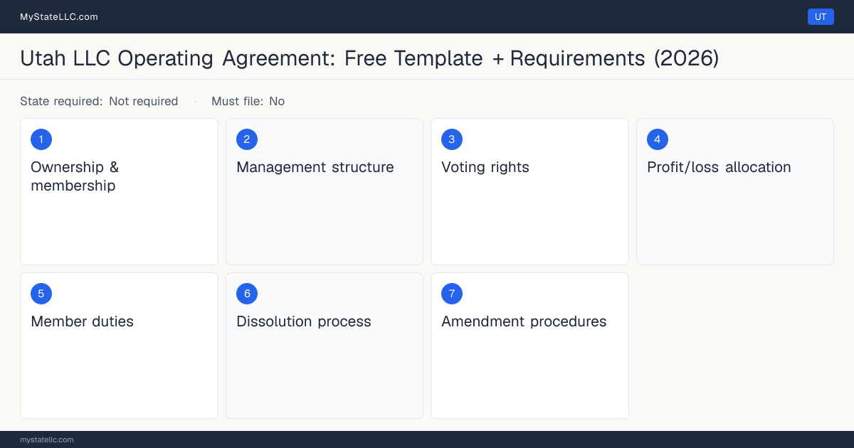 Key sections of an Utah LLC operating agreement, listing the 7 provisions the document should cover.