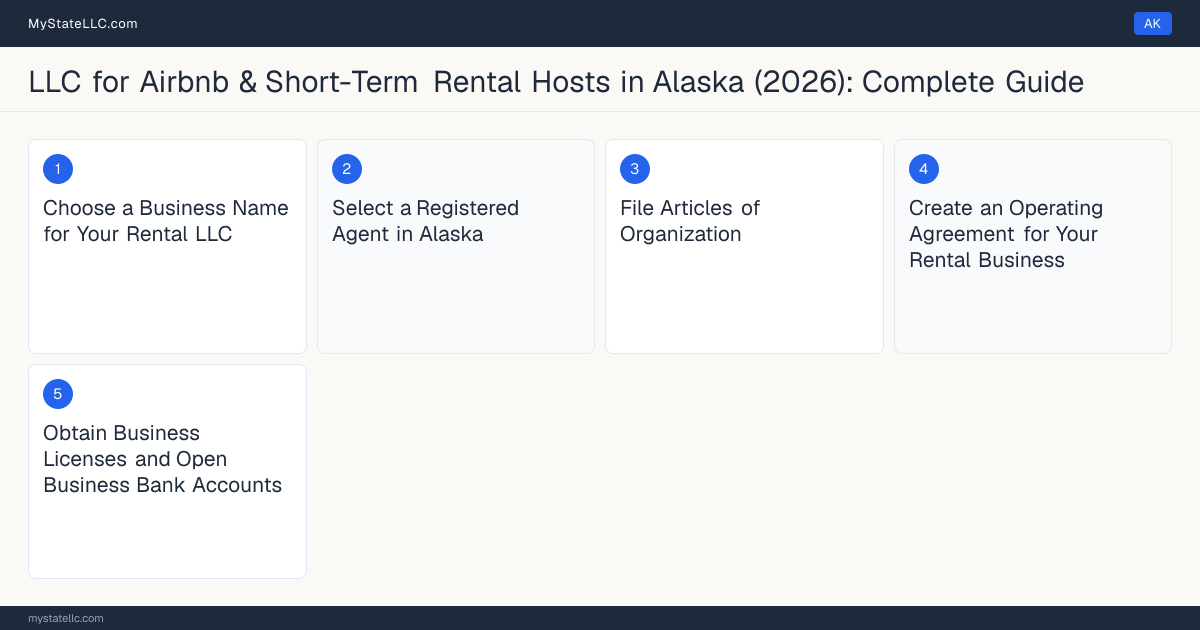 Step diagram for forming a professional LLC for Airbnb & Short-Term Rental Hosts in Alaska, showing each formation step and the state licensing requirement.