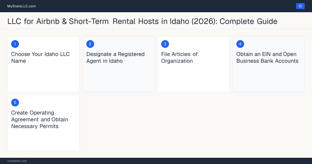 Step diagram for forming a professional LLC for Airbnb & Short-Term Rental Hosts in Idaho, showing each formation step and the state licensing requirement.