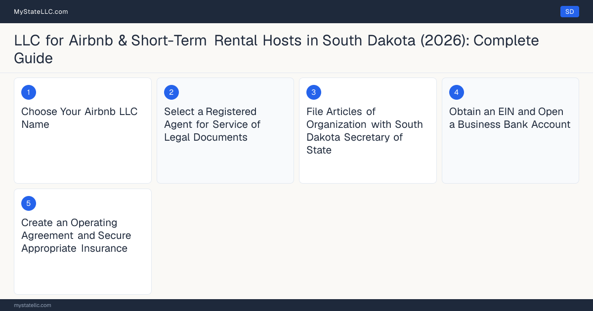 Step diagram for forming a professional LLC for Airbnb & Short-Term Rental Hosts in South Dakota, showing each formation step and the state licensing requirement.