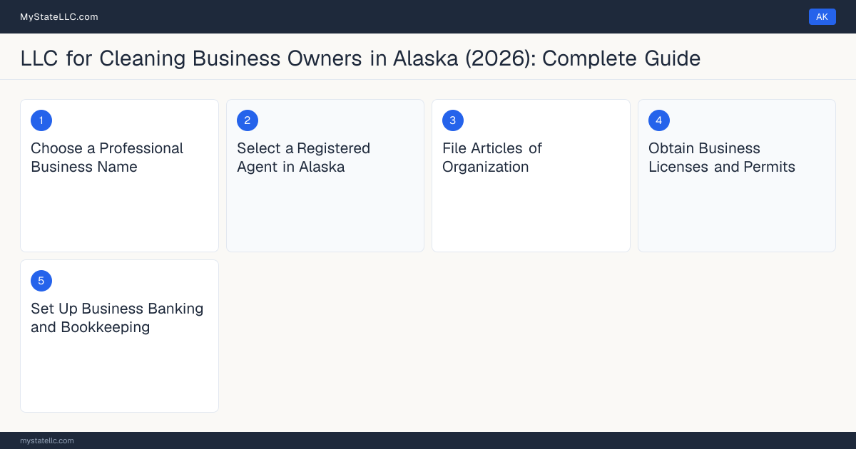 Step diagram for forming a professional LLC for Cleaning Business Owners in Alaska, showing each formation step and the state licensing requirement.