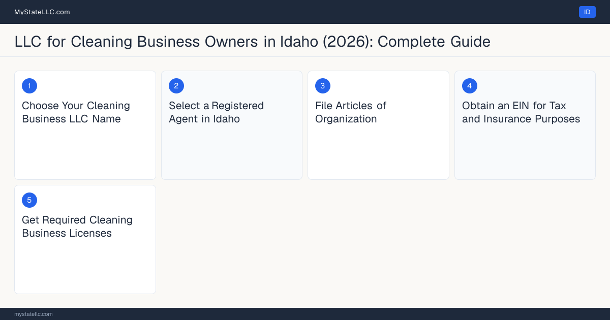 Step diagram for forming a professional LLC for Cleaning Business Owners in Idaho, showing each formation step and the state licensing requirement.