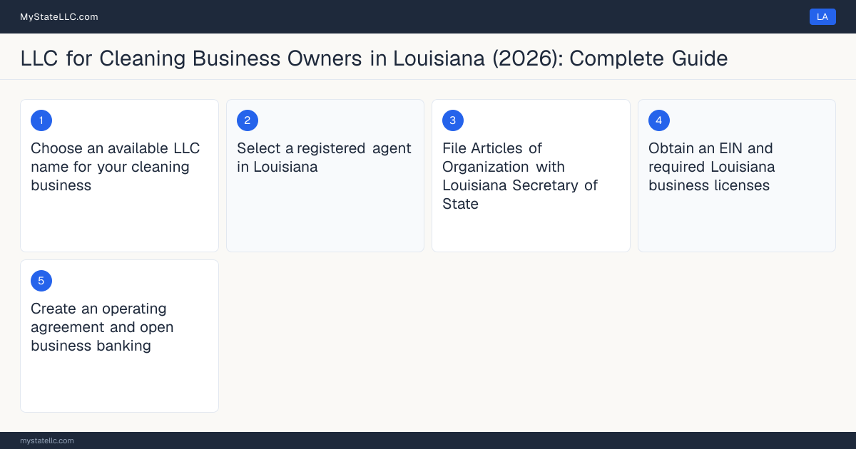 Step diagram for forming a professional LLC for Cleaning Business Owners in Louisiana, showing each formation step and the state licensing requirement.
