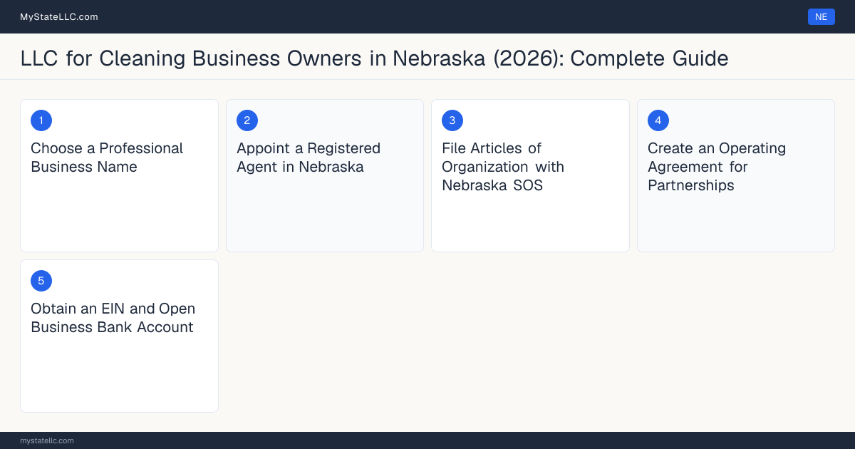 Step diagram for forming a professional LLC for Cleaning Business Owners in Nebraska, showing each formation step and the state licensing requirement.