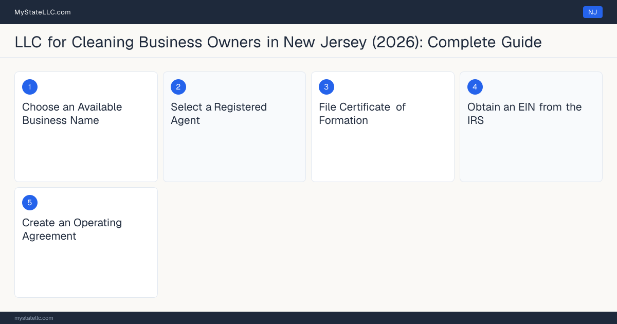 Step diagram for forming a professional LLC for Cleaning Business Owners in New Jersey, showing each formation step and the state licensing requirement.