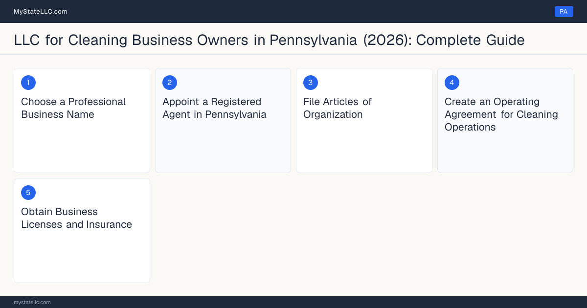 Step diagram for forming a professional LLC for Cleaning Business Owners in Pennsylvania, showing each formation step and the state licensing requirement.