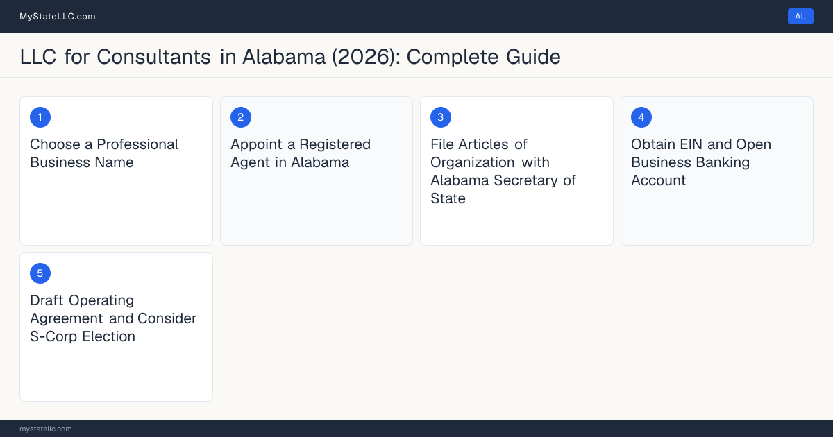 Step diagram for forming a professional LLC for Consultants in Alabama, showing each formation step and the state licensing requirement.