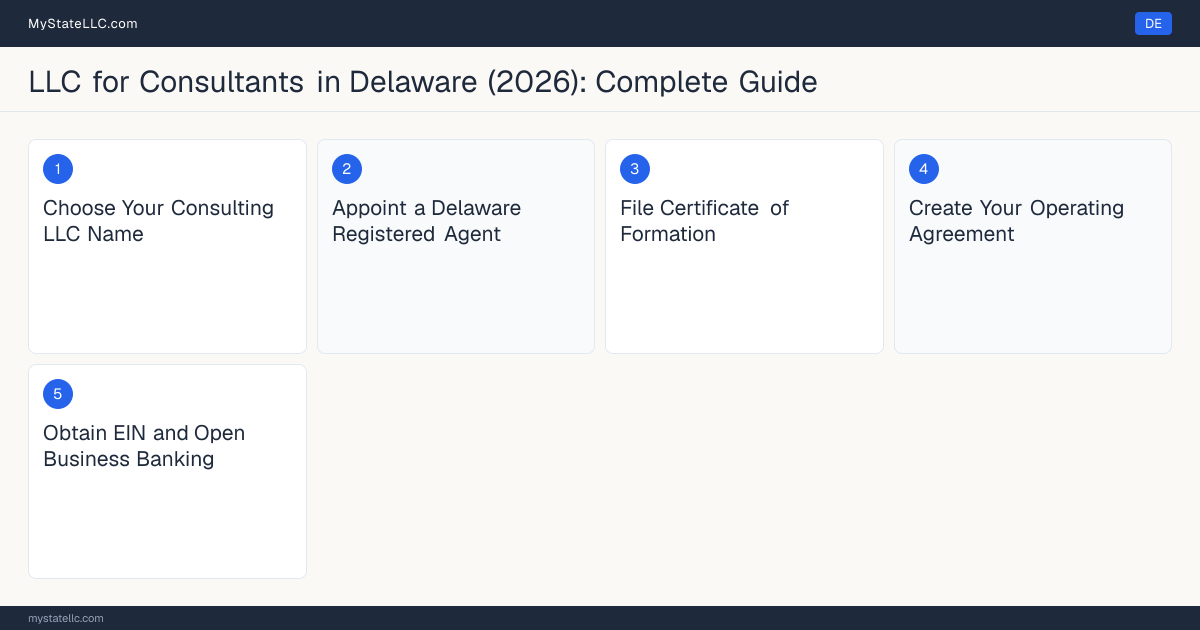 Step diagram for forming a professional LLC for Consultants in Delaware, showing each formation step and the state licensing requirement.