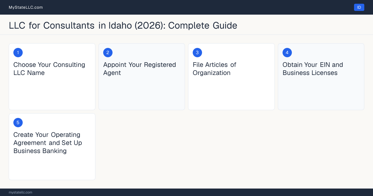 Step diagram for forming a professional LLC for Consultants in Idaho, showing each formation step and the state licensing requirement.