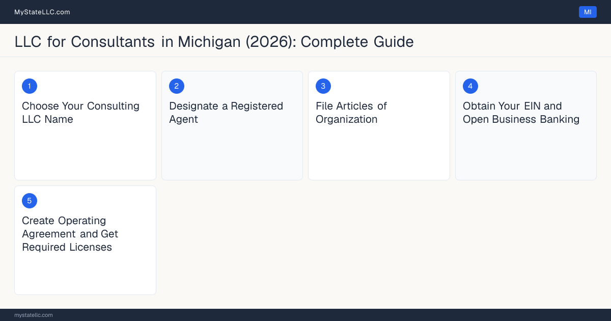 Step diagram for forming a professional LLC for Consultants in Michigan, showing each formation step and the state licensing requirement.