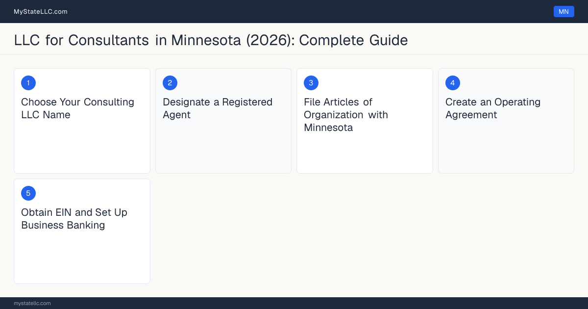 Step diagram for forming a professional LLC for Consultants in Minnesota, showing each formation step and the state licensing requirement.