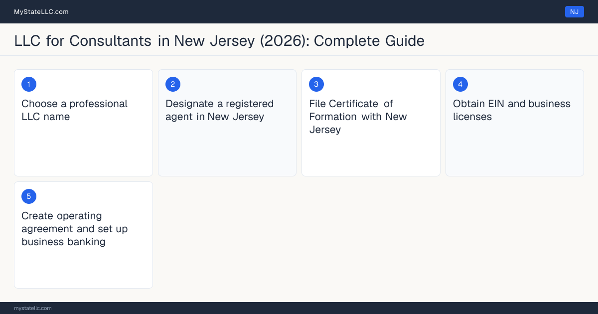 Step diagram for forming a professional LLC for Consultants in New Jersey, showing each formation step and the state licensing requirement.