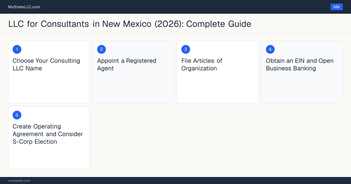 Step diagram for forming a professional LLC for Consultants in New Mexico, showing each formation step and the state licensing requirement.