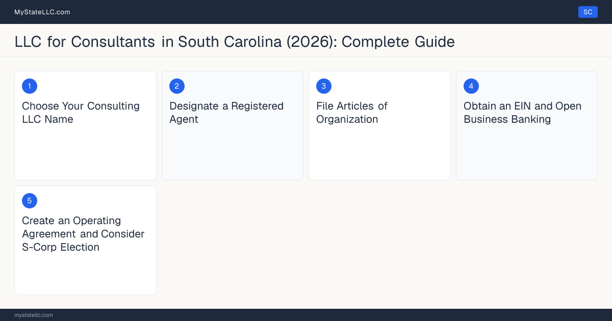 Step diagram for forming a professional LLC for Consultants in South Carolina, showing each formation step and the state licensing requirement.