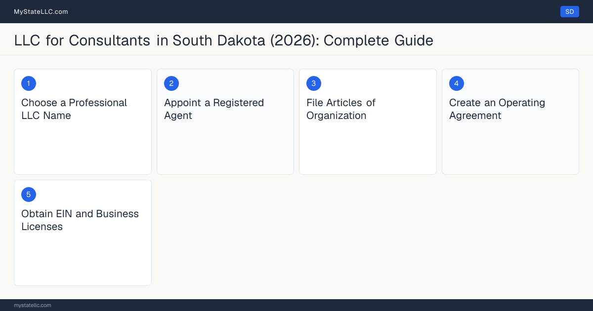 Step diagram for forming a professional LLC for Consultants in South Dakota, showing each formation step and the state licensing requirement.
