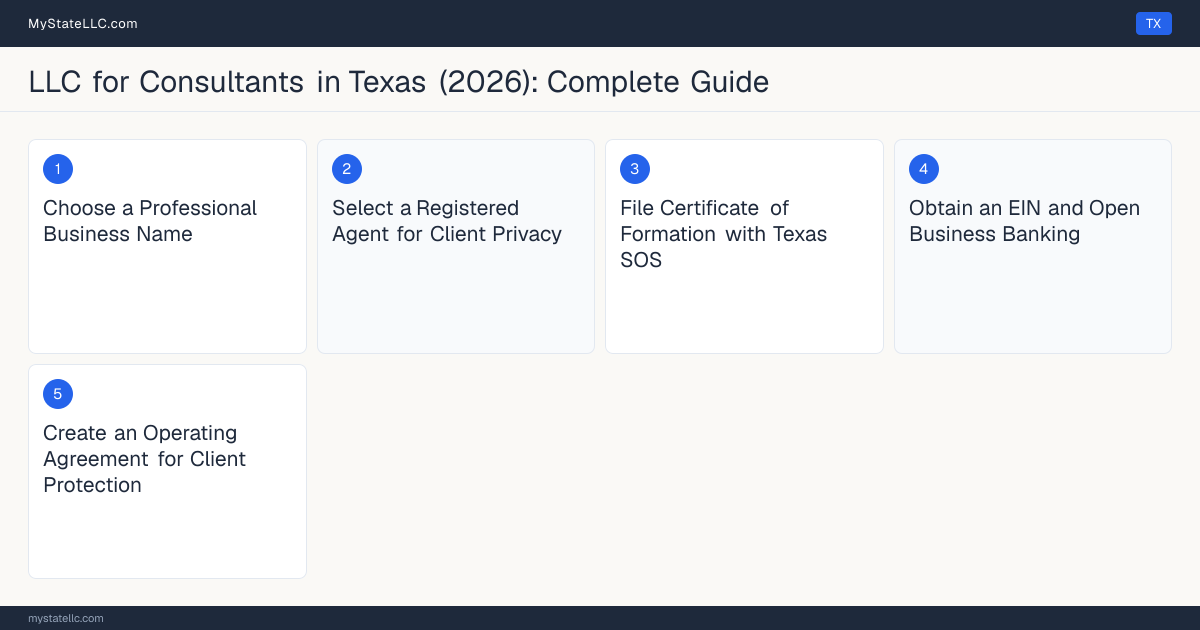 Step diagram for forming a professional LLC for Consultants in Texas, showing each formation step and the state licensing requirement.
