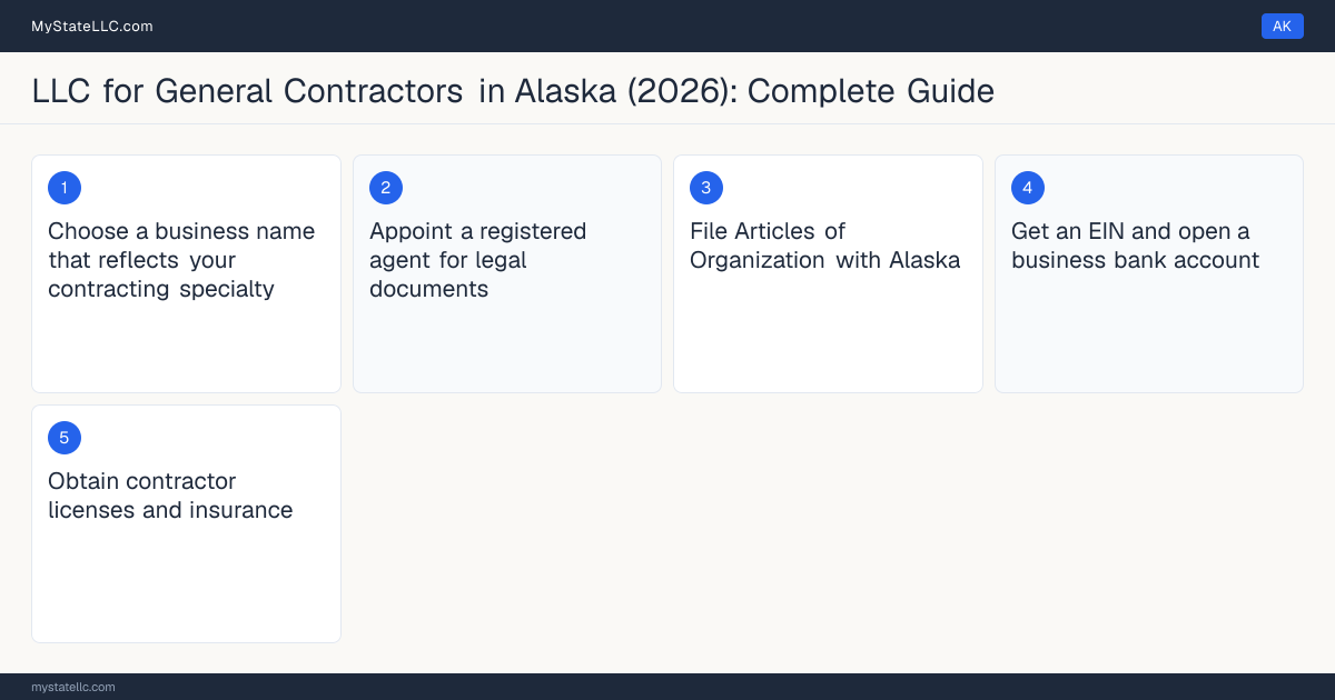 Step diagram for forming a professional LLC for General Contractors in Alaska, showing each formation step and the General Contractor License the state requires first.
