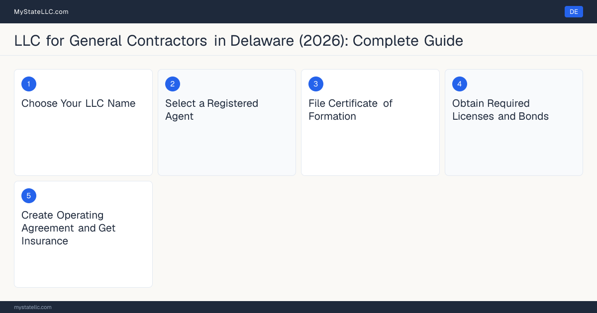 Step diagram for forming a professional LLC for General Contractors in Delaware, showing each formation step and the state licensing requirement.