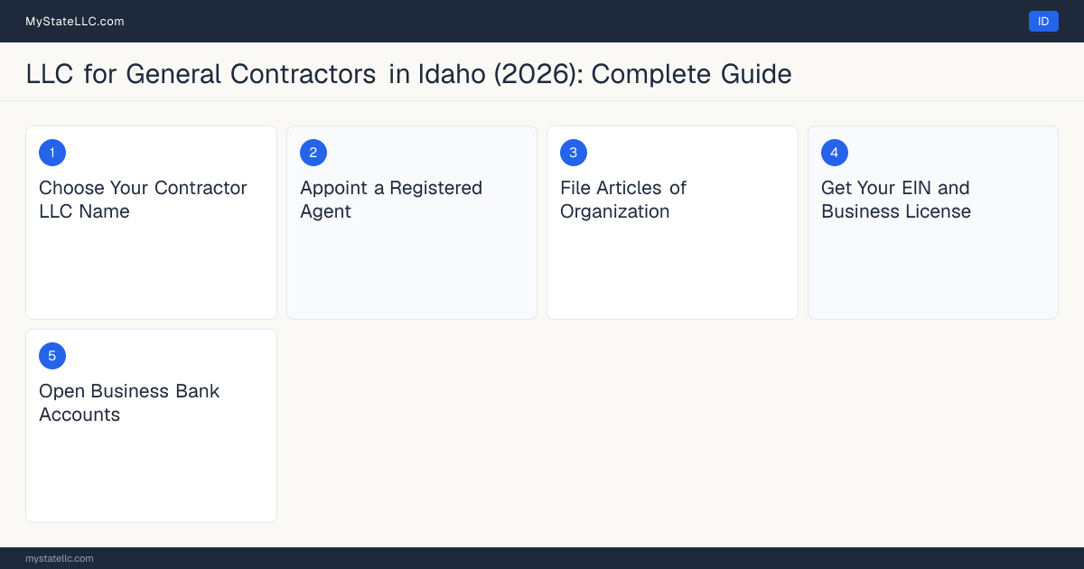 Step diagram for forming a professional LLC for General Contractors in Idaho, showing each formation step and the Public Works Contractor License / Residential Specialt… the state requires first.
