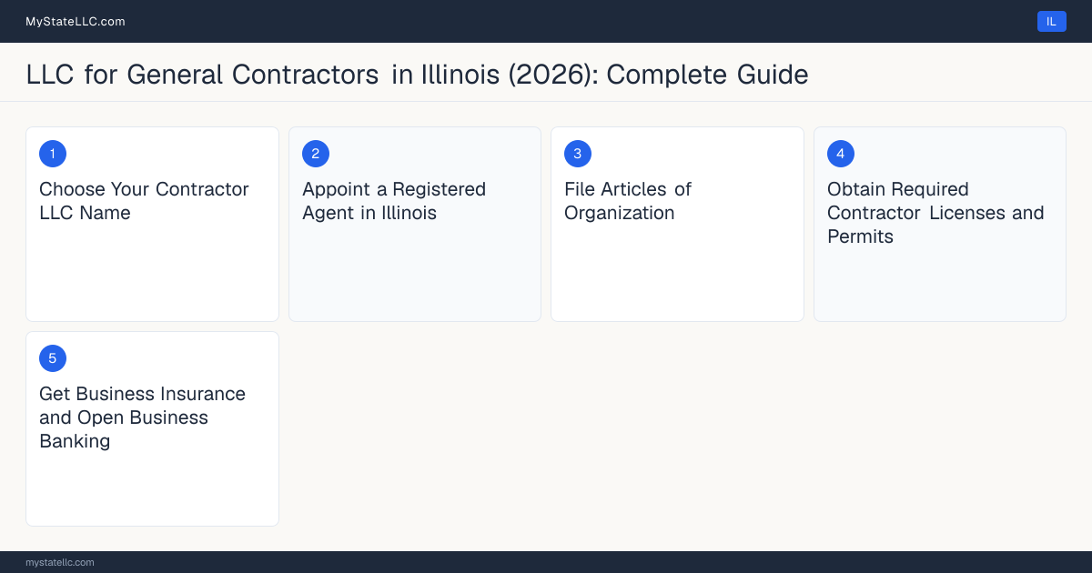 Step diagram for forming a professional LLC for General Contractors in Illinois, showing each formation step and the state licensing requirement.