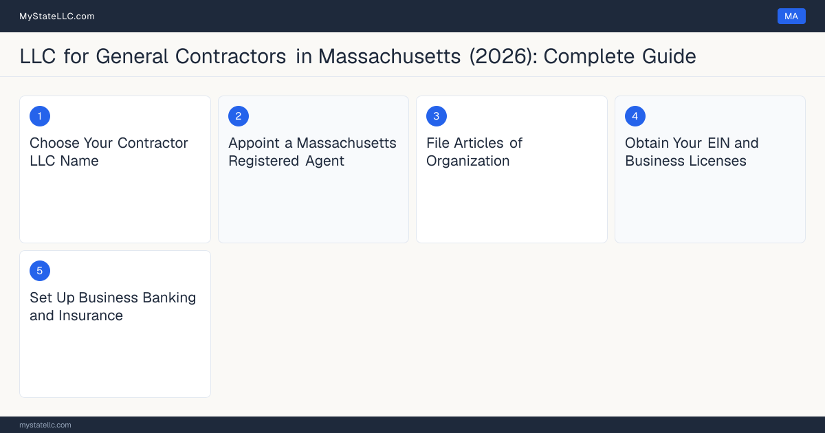 Step diagram for forming a professional LLC for General Contractors in Massachusetts, showing each formation step and the Home Improvement Contractor Registration / Constructio… the state requires first.