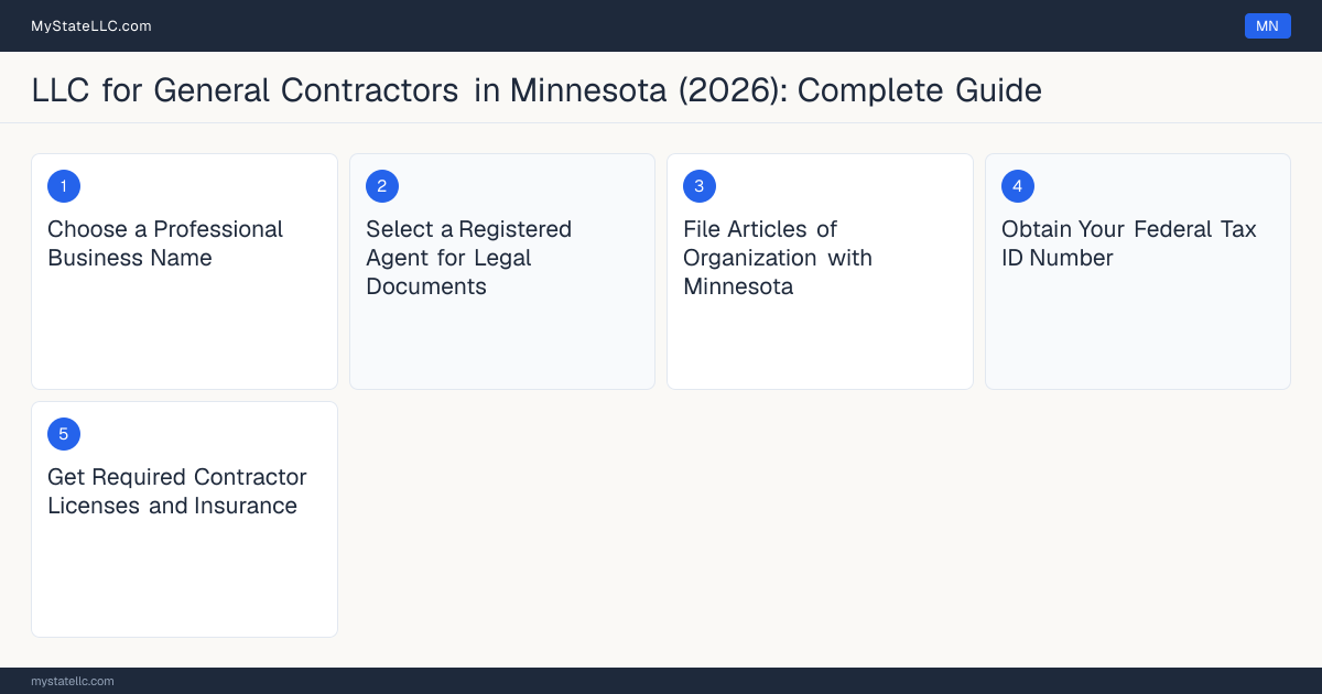 Step diagram for forming a professional LLC for General Contractors in Minnesota, showing each formation step and the Residential Contractor License the state requires first.