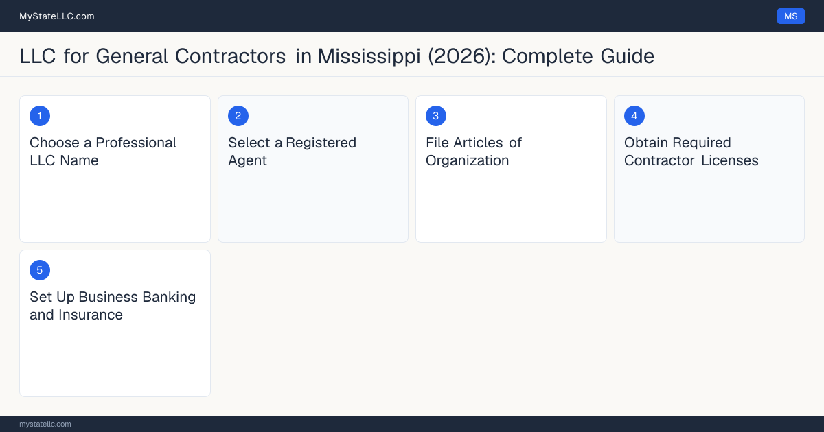 Step diagram for forming a professional LLC for General Contractors in Mississippi, showing each formation step and the Contractor's License the state requires first.