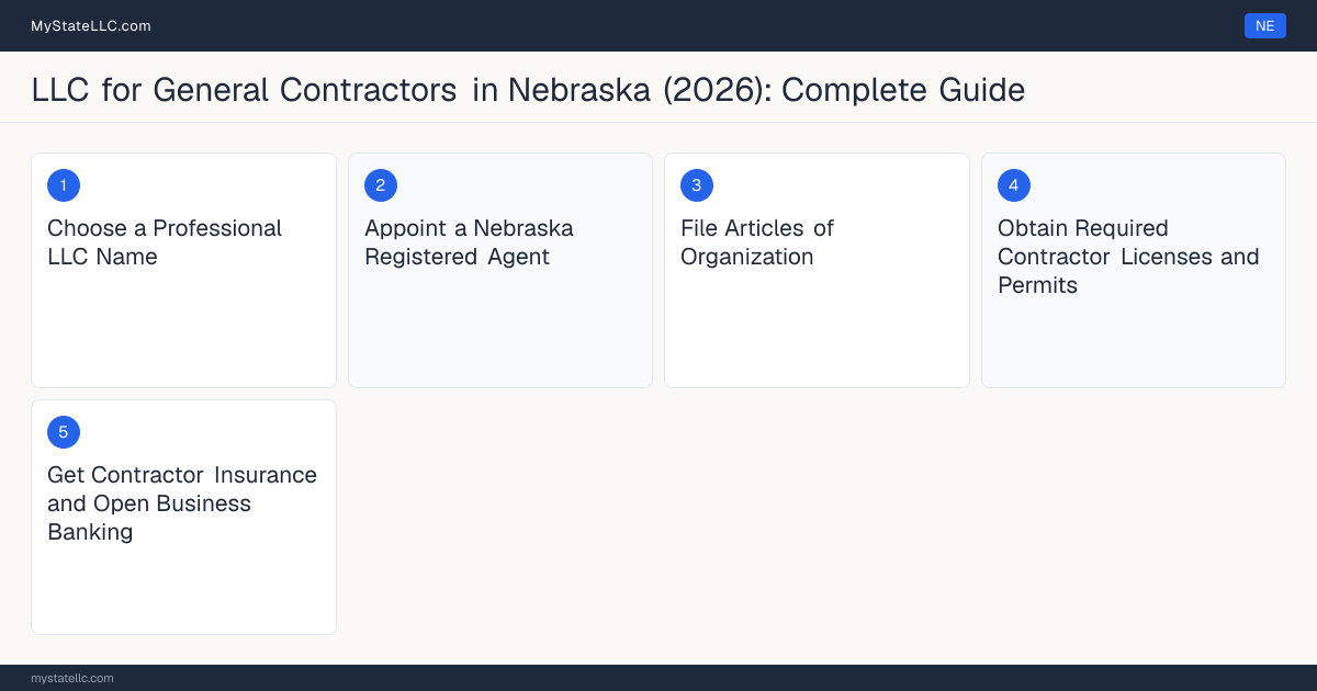Step diagram for forming a professional LLC for General Contractors in Nebraska, showing each formation step and the state licensing requirement.