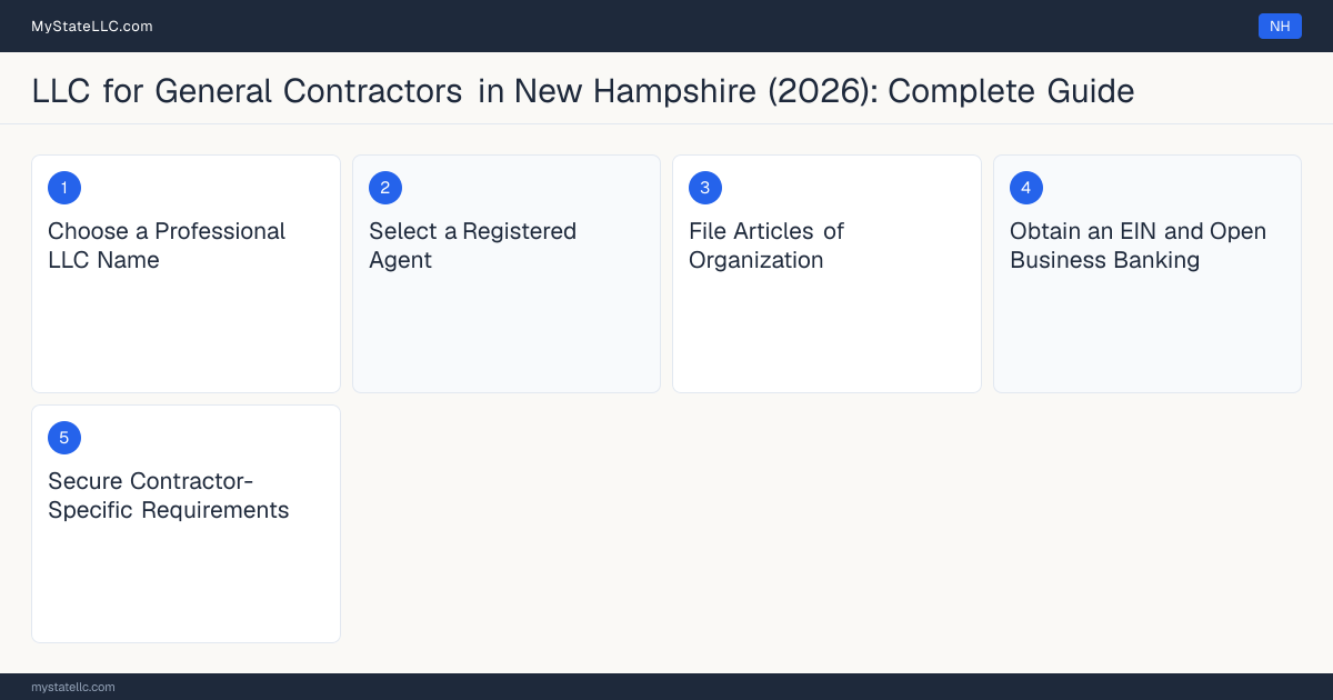 Step diagram for forming a professional LLC for General Contractors in New Hampshire, showing each formation step and the General Contractor License the state requires first.