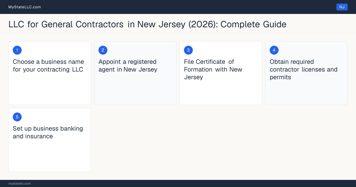Step diagram for forming a professional LLC for General Contractors in New Jersey, showing each formation step and the Home Improvement Contractor Registration the state requires first.
