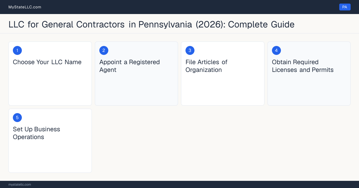 Step diagram for forming a professional LLC for General Contractors in Pennsylvania, showing each formation step and the Home Improvement Contractor Registration the state requires first.