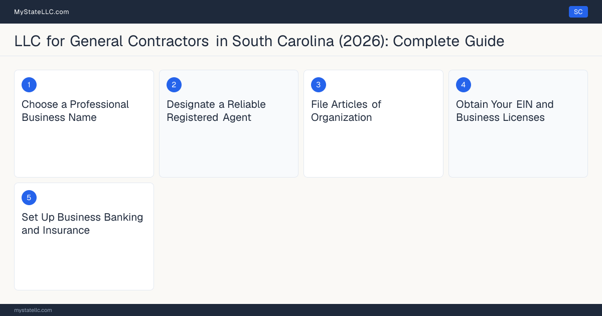 Step diagram for forming a professional LLC for General Contractors in South Carolina, showing each formation step and the General Contractor License the state requires first.