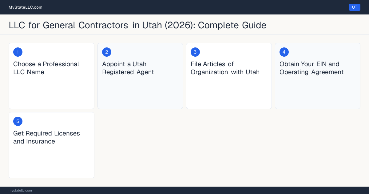 Step diagram for forming a professional LLC for General Contractors in Utah, showing each formation step and the General Building Contractor License the state requires first.