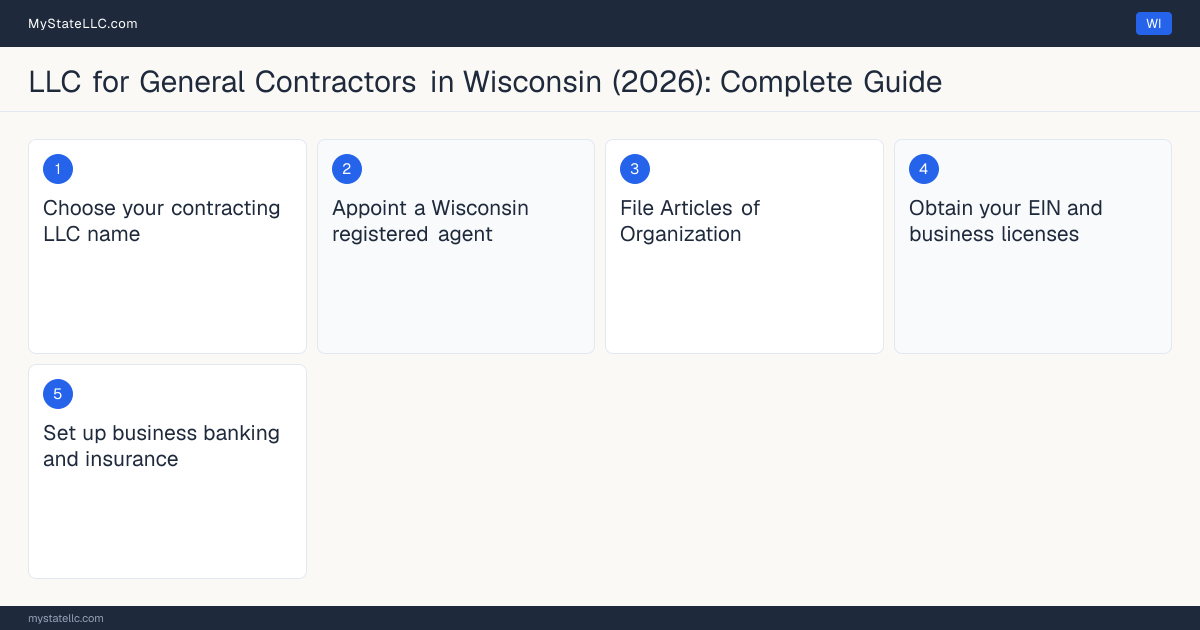 Step diagram for forming a professional LLC for General Contractors in Wisconsin, showing each formation step and the Dwelling Contractor Certification (residential) the state requires first.