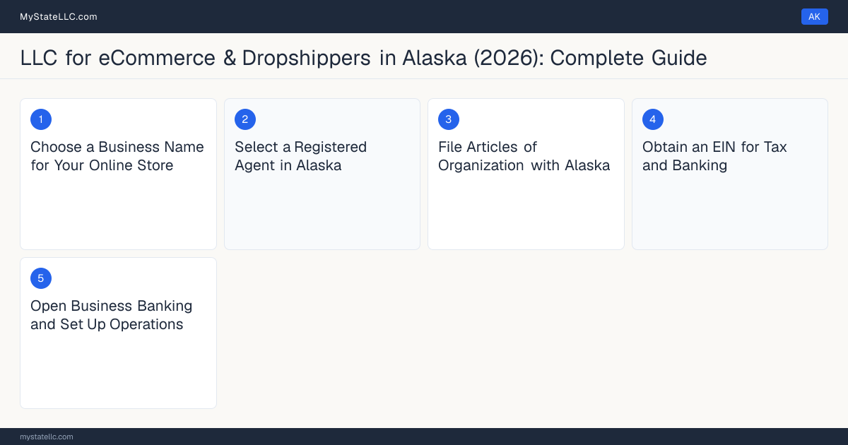 Step diagram for forming a professional LLC for eCommerce & Dropshippers in Alaska, showing each formation step and the state licensing requirement.