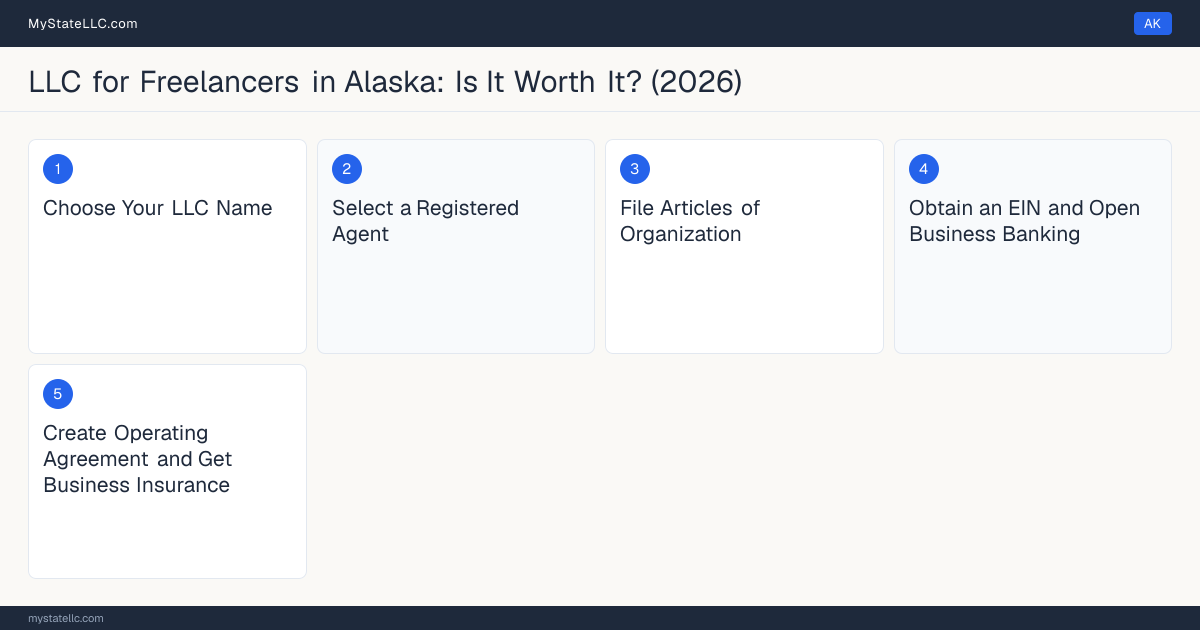 Step diagram for forming a professional LLC for Freelancers in Alaska, showing each formation step and the state licensing requirement.