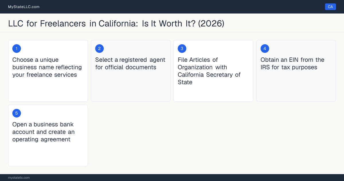 Step diagram for forming a professional LLC for Freelancers in California, showing each formation step and the state licensing requirement.