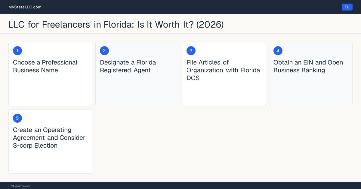 Step diagram for forming a professional LLC for Freelancers in Florida, showing each formation step and the state licensing requirement.