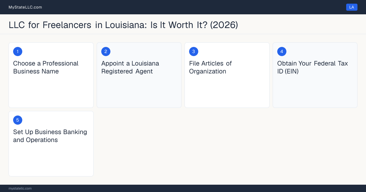 Step diagram for forming a professional LLC for Freelancers in Louisiana, showing each formation step and the state licensing requirement.