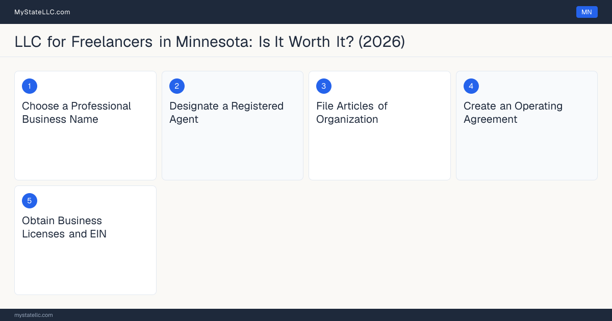 Step diagram for forming a professional LLC for Freelancers in Minnesota, showing each formation step and the state licensing requirement.