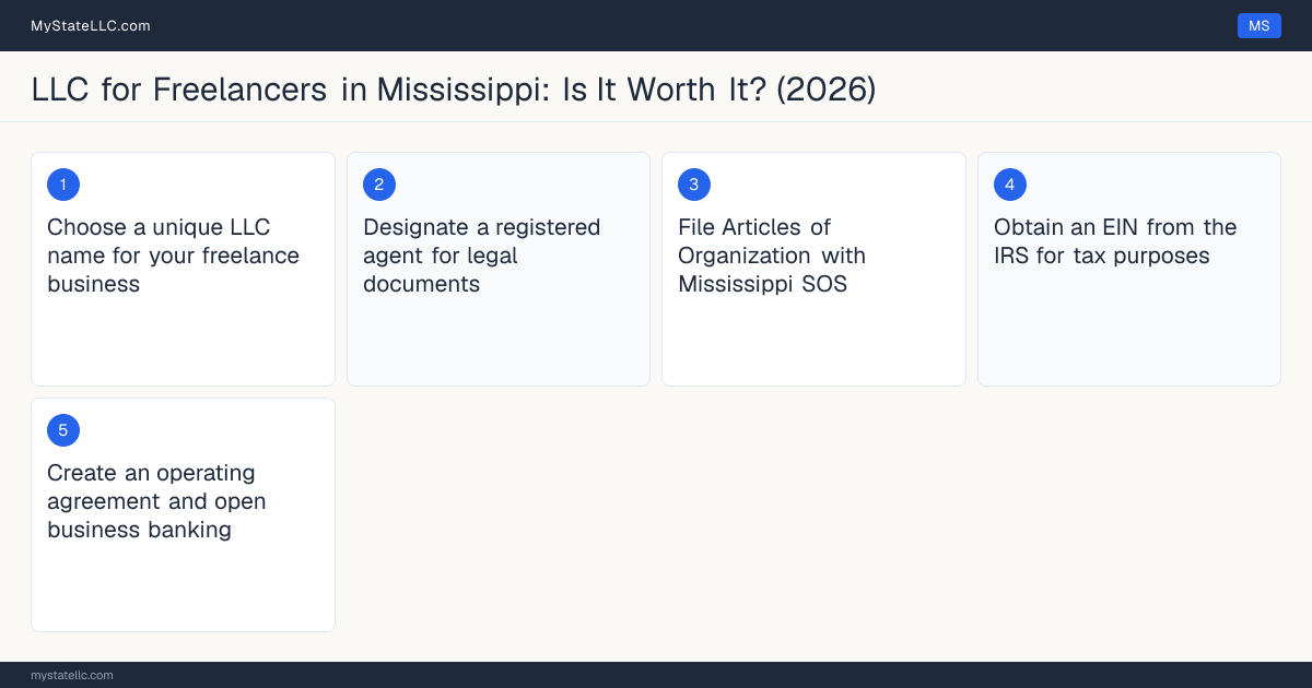 Step diagram for forming a professional LLC for Freelancers in Mississippi, showing each formation step and the state licensing requirement.