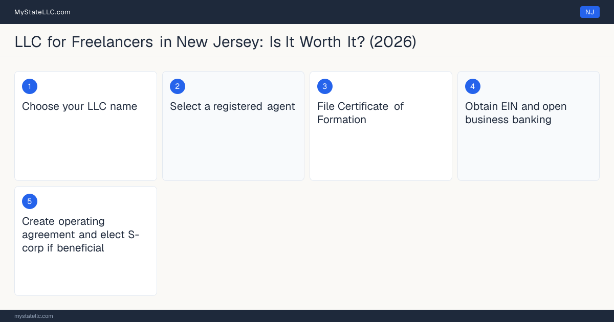 Step diagram for forming a professional LLC for Freelancers in New Jersey, showing each formation step and the state licensing requirement.