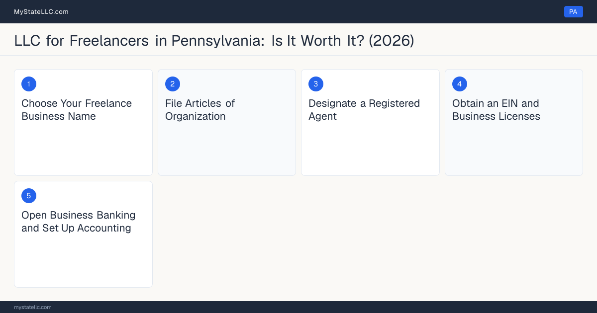 Step diagram for forming a professional LLC for Freelancers in Pennsylvania, showing each formation step and the state licensing requirement.