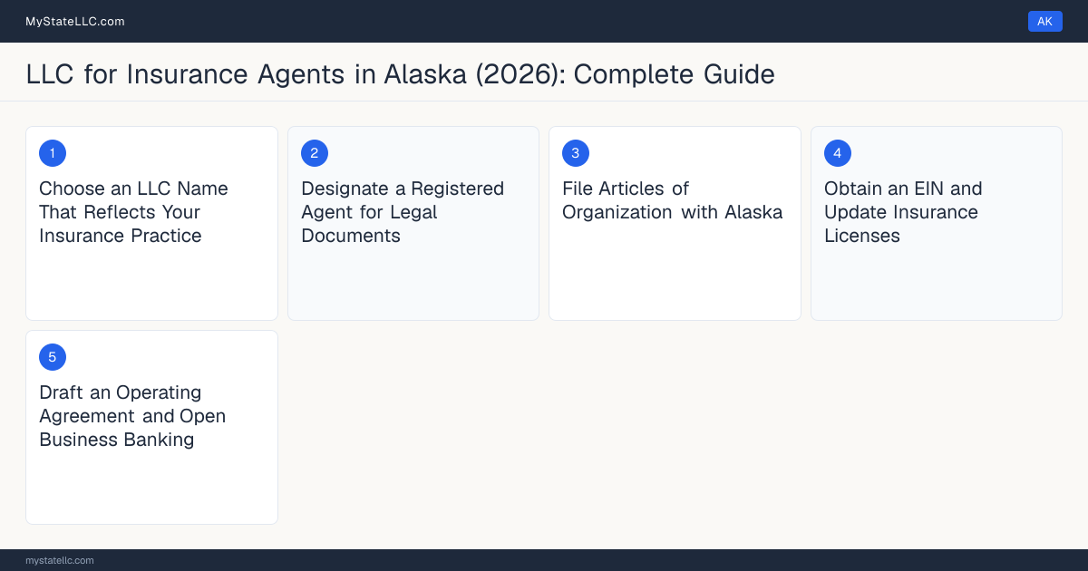 Step diagram for forming a professional LLC for Insurance Agents in Alaska, showing each formation step and the Alaska Insurance Producer License the state requires first.