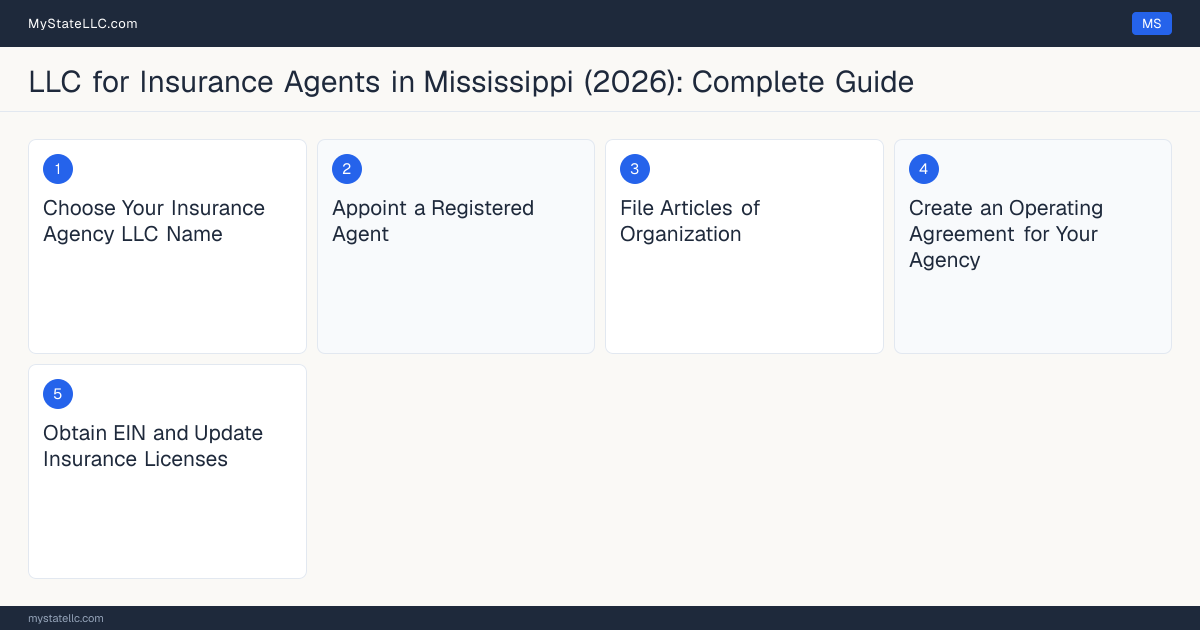 Step diagram for forming a professional LLC for Insurance Agents in Mississippi, showing each formation step and the Mississippi Insurance Producer License the state requires first.