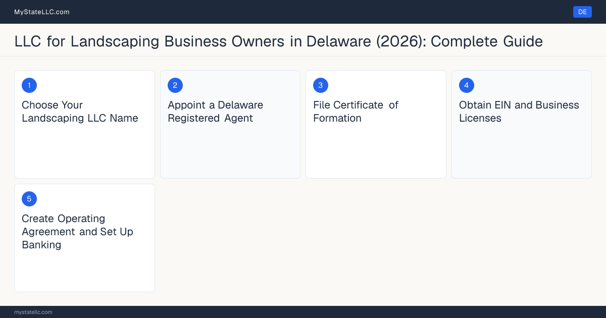 Step diagram for forming a professional LLC for Landscaping Business Owners in Delaware, showing each formation step and the state licensing requirement.