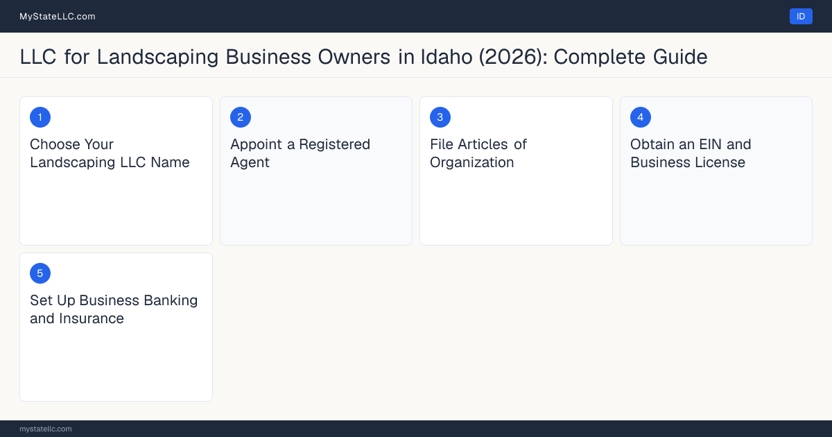 Step diagram for forming a professional LLC for Landscaping Business Owners in Idaho, showing each formation step and the state licensing requirement.