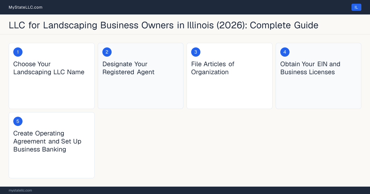 Step diagram for forming a professional LLC for Landscaping Business Owners in Illinois, showing each formation step and the state licensing requirement.