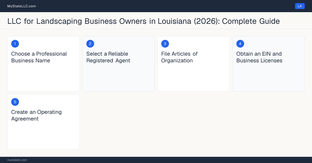 Step diagram for forming a professional LLC for Landscaping Business Owners in Louisiana, showing each formation step and the Specialty Contractor License, Landscaping the state requires first.