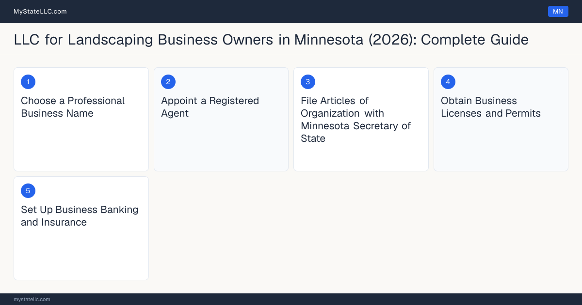 Step diagram for forming a professional LLC for Landscaping Business Owners in Minnesota, showing each formation step and the state licensing requirement.